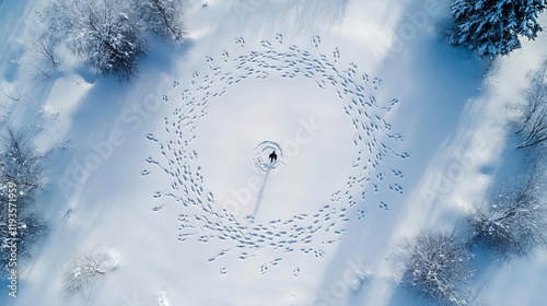 Lone Figure Creates Footprints Art in Snowy Winter Landscape