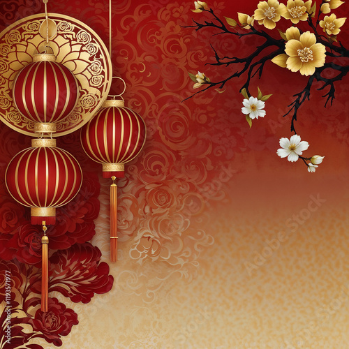 Golden Flowers on Red Lanterns | Symbols of CNY Joy photo