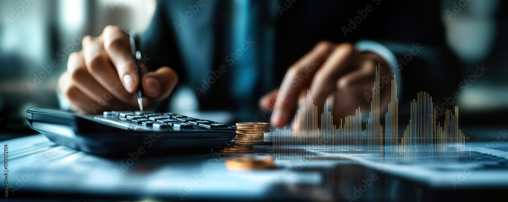 Businessman Calculating Financial Data for Budget Planning and Market Analysis Businessman Calculating Financial Data for Budget Planning and Market Analysis