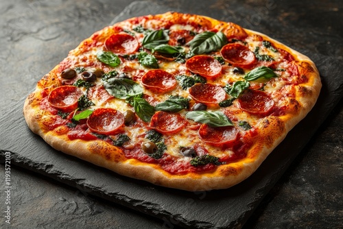 A freshly baked pizza served on a square slate board. Generative AI
