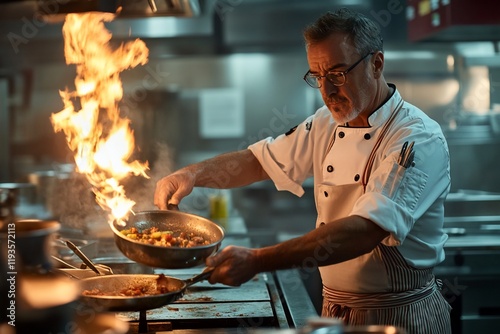 Chef flamb?s dish in busy kitchen, restaurant cooking photo