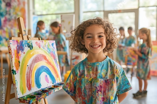 Young boy smiling with colorful rainbow painting in art class