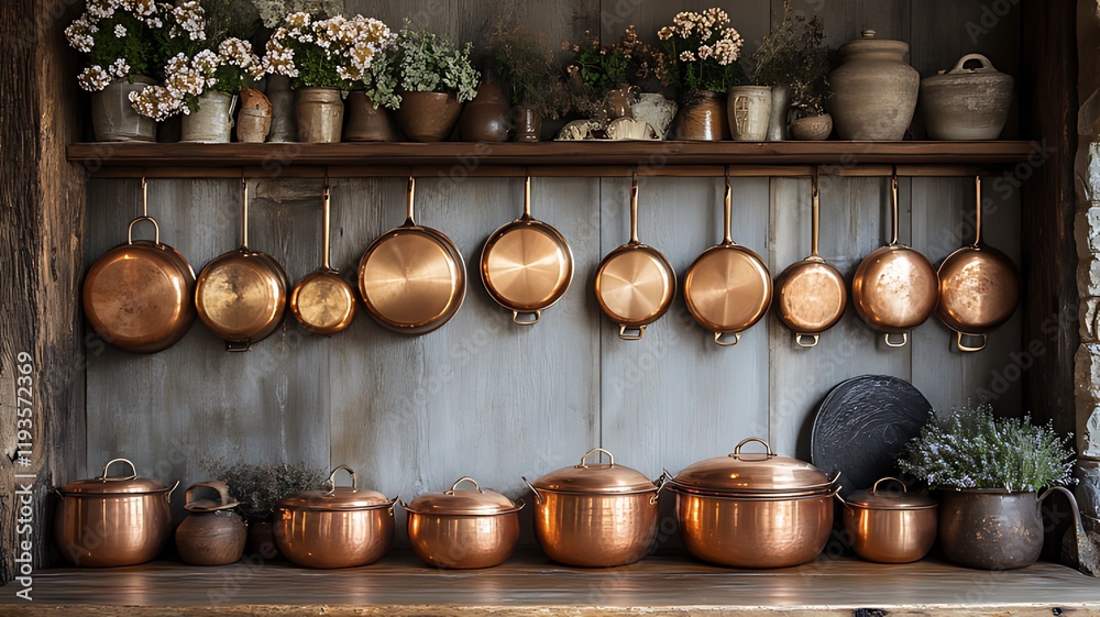 Copper cookware hanging and sitting on wooden shelves with flowers. Copper cookware hanging and sitting on wooden shelves with flowers.