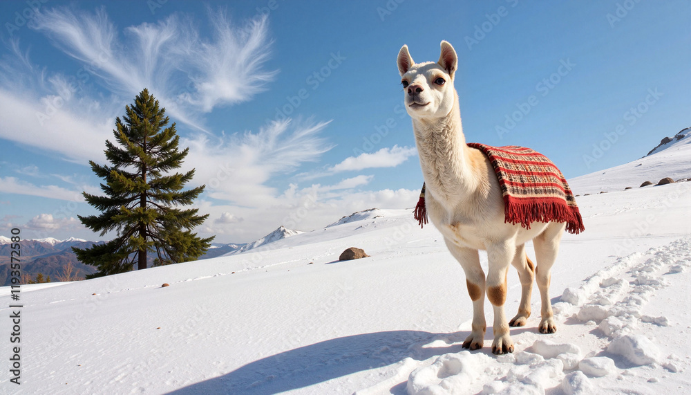 Obraz premium Llama in woven poncho standing on snowy hillside, serene beauty