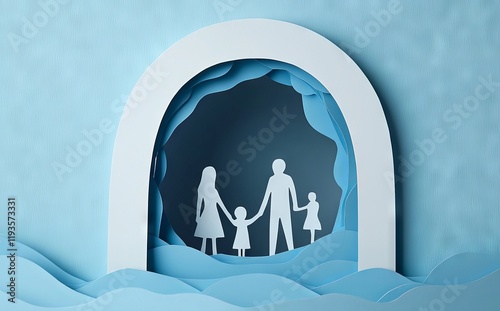 A visual representation of a paper family with two kids, proudly positioned on a blue background, showcasing the principles of family law and the protection provided by family insurance photo