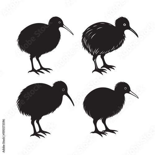 Set of kiwi bird silhouette, black and white silhouette, vector and illustration