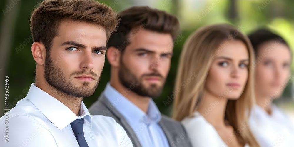 Fototapeta premium A group of four people in professional attire, with a focus on the two men in the foreground and two women in the background. Concept Professional Team Collaboration, Business Attire