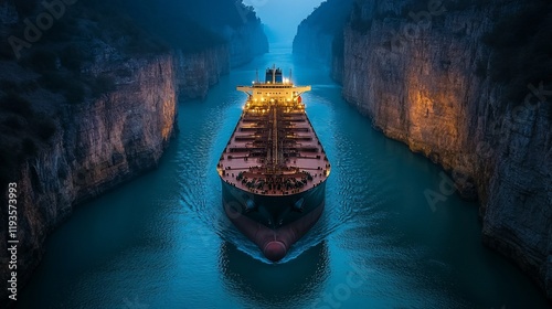 Large Cargo Ship Navigating a Narrow Canal at Dusk