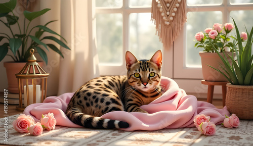 Bengal kitten relaxing on pink blanket, nestled beside roses and houseplants, basking in soft windowlight during romantic home setting photo