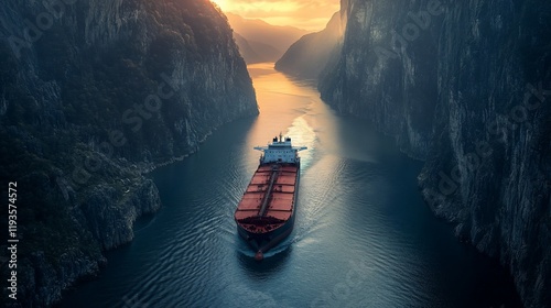 Cargo Ship Navigating A Narrow Mountainous Fjord