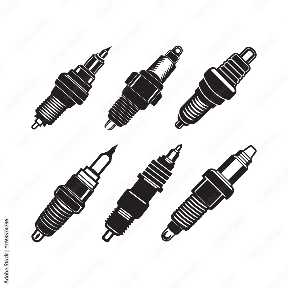 Set of Spark Plug silhouette, black and white silhouette, vector and illustration Set of Spark Plug silhouette, black and white silhouette, vector and illustration