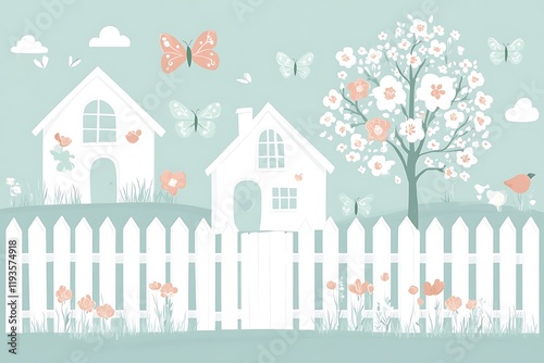 Pastel Dreamy Garden with Houses and Butterflies