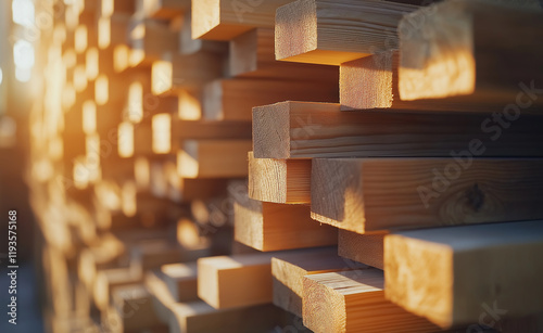 Wooden planks stacked in a workshop, illuminated by golden sunlight streaming through large industrial windows.