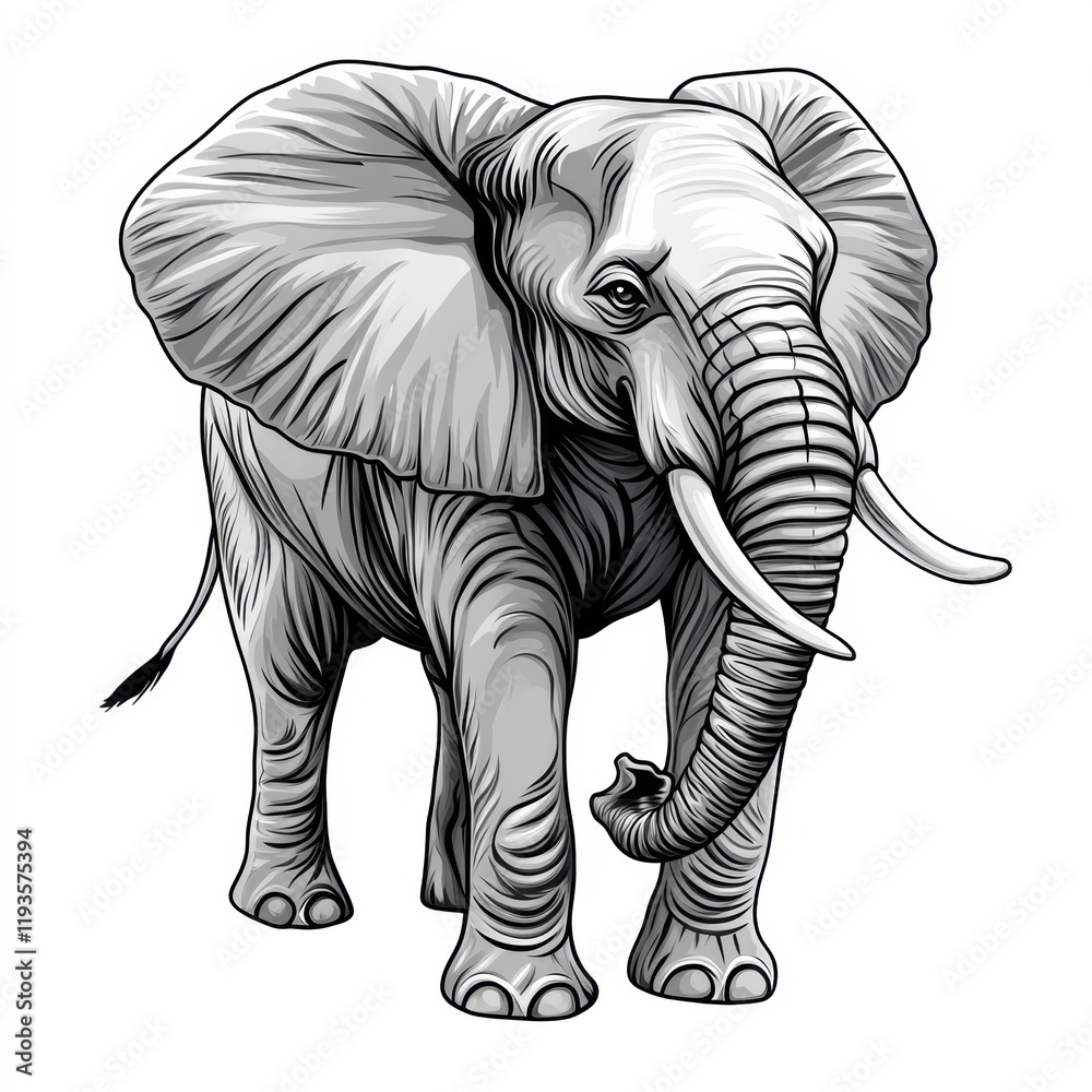 Obraz premium Illustration of an elephant standing gracefully with large ears and tusks in a simple and elegant design against a white background. Generative AI