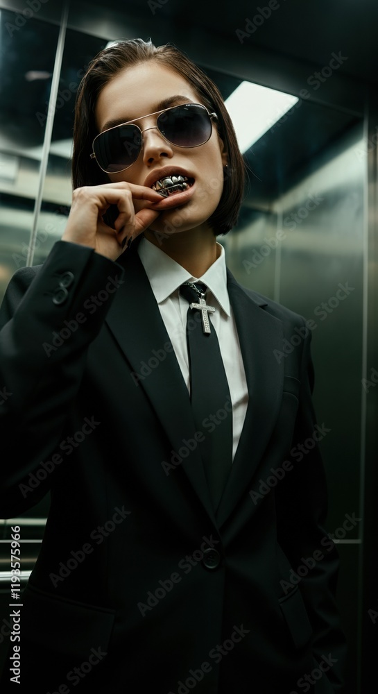 Confident woman in a suit with sunglasses, showcasing a bold style Confident woman in a suit with sunglasses, showcasing a bold style