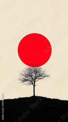 A red and black minimal illustration of a tree with a moon in the background