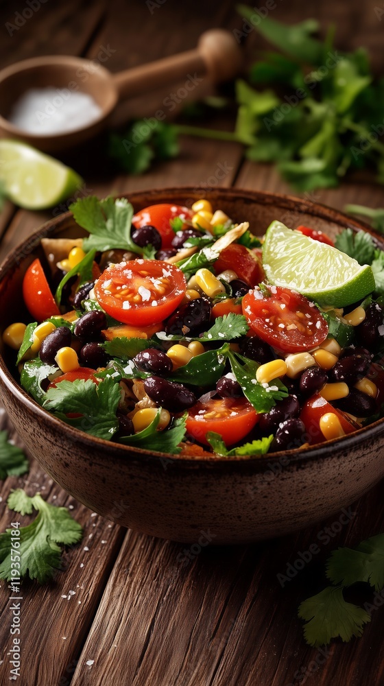 A vibrant black bean salad served in a rustic handmade ceramic bowl, showcasing the colorful contrast of jet-black beans, bright red cherry tomato halves, vibrant green cilantro A vibrant black bean salad served in a rustic handmade ceramic bowl, showcasing the colorful contrast of jet-black beans, bright red cherry tomato halves, vibrant green cilantro