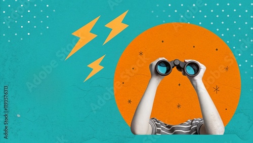 retro illustration, hands holding binoculars, orange circle background, teal polka dot sky, yellow lightning bolts, pop art style, minimalist design, flat colors, graphic design, visual metaphor, look