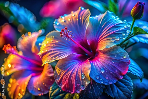 Macro Photography: Serene Neon Hibiscus Blossoms in Soft Ambient Light - Stock Photo