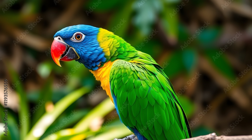 A professional fine art photograph depicts a parrot with bright blue, green, yellow, and red plumage perched on a brown branch with yellow flowers. The parrot's head is turned right, eyes meeting the A professional fine art photograph depicts a parrot with bright blue, green, yellow, and red plumage perched on a brown branch with yellow flowers. The parrot's head is turned right, eyes meeting the