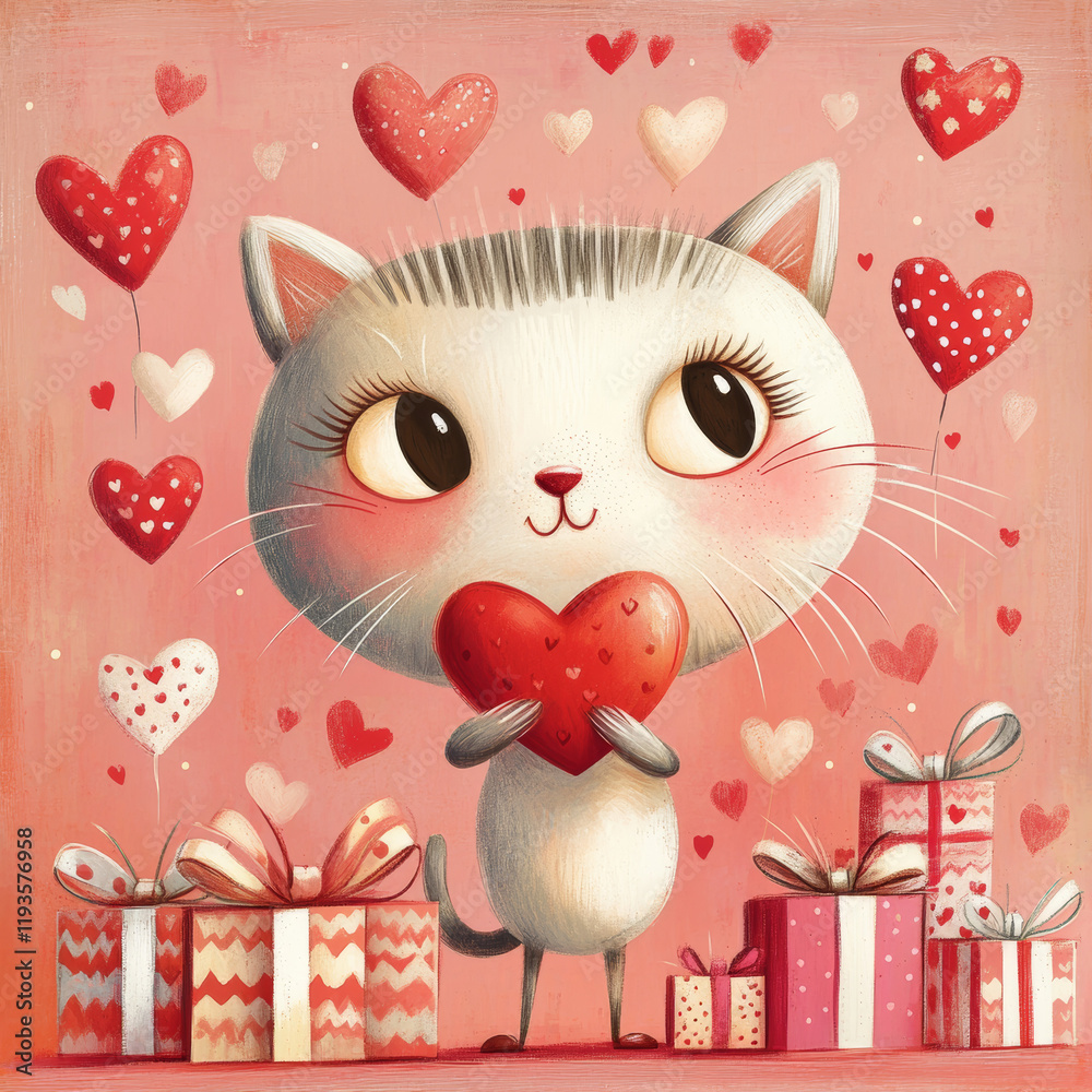 Obraz premium Feline Valentine: A charming white kitty with big, bright eyes holds a heart, surrounded by a shower of floating hearts and colorful gifts, evoking a whimsical and affectionate Valentine's Day spirit.