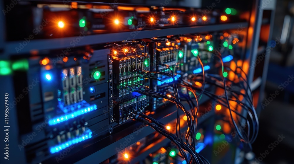 Fototapeta premium Futuristic quantum server racks with glowing LED indicators and complex wiring in a sleek lab setting