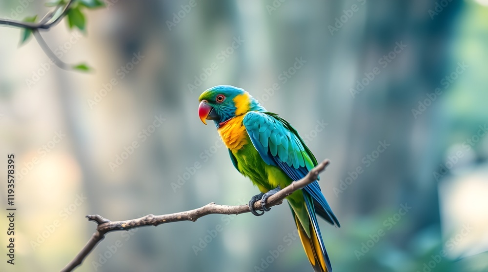 Obraz premium A high-angle perspective reveals a parrot with bright, vibrant plumage perched on a branch, emphasizing the parrot's lively and energetic presence