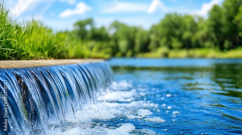 Close-up of water flowing over a weir in a natural setting, surrounded by greenery and blue skies in the background.