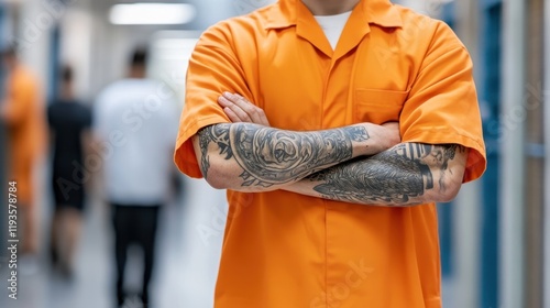 Close-up of an inmate in an orange uniform with tattooed arms crossed, standing in a prison hallway.