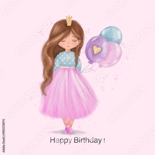 Greeting card happy birthday with cute princess girl, fairy, ballerina with balloons. Watercolor style Drawing, hand painted illustration isolated. Baby girl gift. Baby shower. Printable card