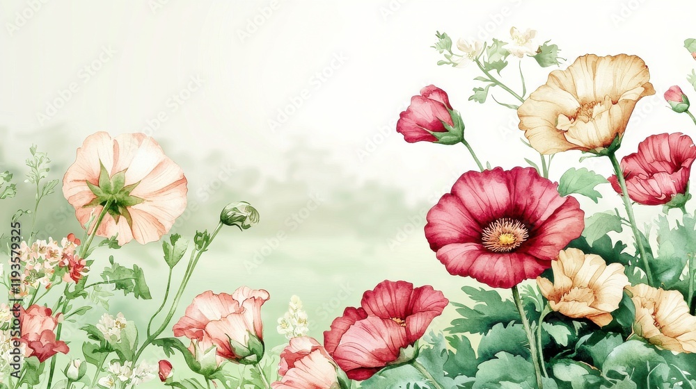 Fototapeta premium Vibrant wildflower watercolor painting nature scene floral art soft pastel colors serene landscape view