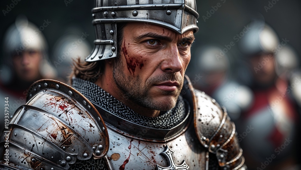 Medieval Knight in Battle Armor with Bloodstains and Cross Emblem Medieval Knight in Battle Armor with Bloodstains and Cross Emblem