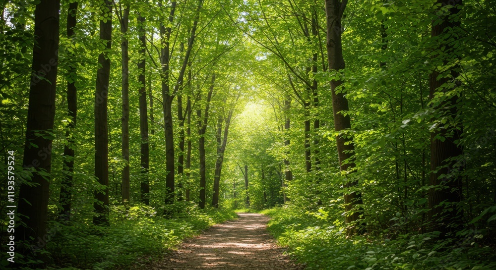 Obraz premium Path Through Lush Green Forest with Sunlight