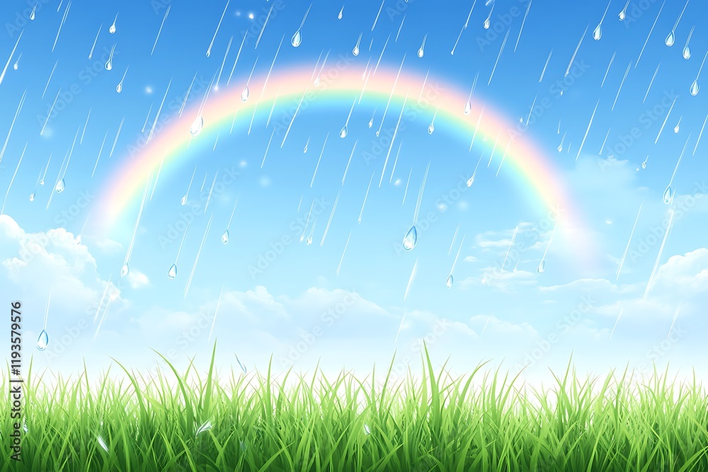 Naklejka premium Rainbow Rain on Lush Green Grass