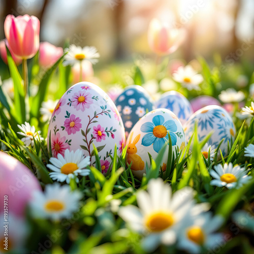 Colorful Easter Eggs Nestled Among Flowers in a Sunny Garden During Springtime Celebration