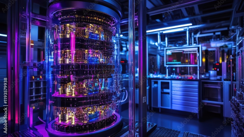Futuristic quantum supercomputer in an ultra-modern lab, with transparent displays and complex quantum states in action Futuristic quantum supercomputer in an ultra-modern lab, with transparent displays and complex quantum states in action