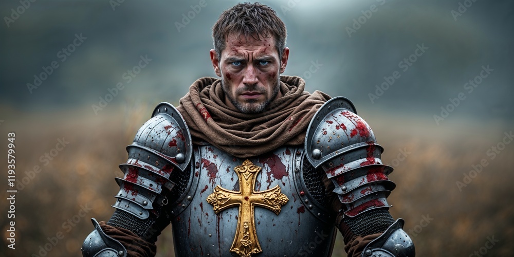 Medieval Knight in Battle Armor with Bloodstains and Cross Emblem Medieval Knight in Battle Armor with Bloodstains and Cross Emblem