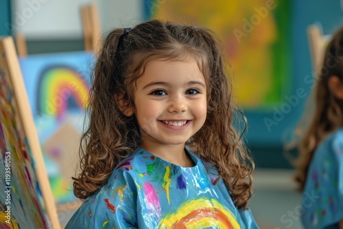 Smiling young girl with pigtail wearing paint-covered art smock