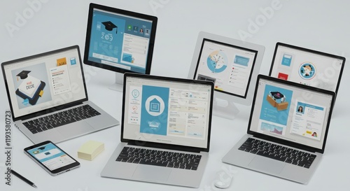 Multiple Laptops Tablets and Phone with E-Learning Interface