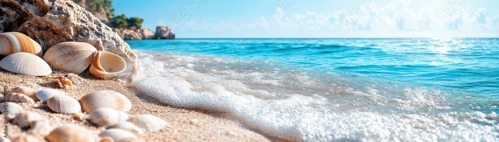 A serene beach scene featuring gentle waves lapping against sandy shores adorned with seashells under a bright, sunny sky. A serene beach scene featuring gentle waves lapping against sandy shores adorned with seashells under a bright, sunny sky.