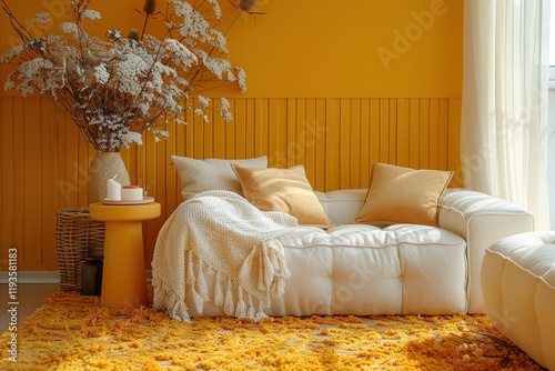 Stylish interior of living room at fancy home with design sofa, yellow side table, dried flowers, pillow, carpet decor and personal accessories in modern home decor.