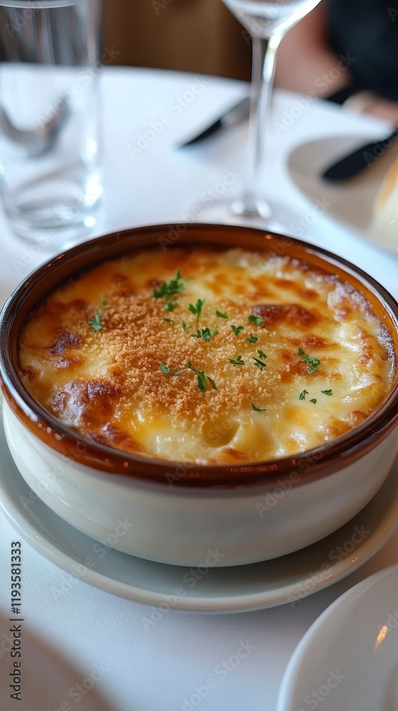 A creamy, baked dish topped with golden cheese, served in a round bowl on a dining table, perfect for a comforting meal. A creamy, baked dish topped with golden cheese, served in a round bowl on a dining table, perfect for a comforting meal.