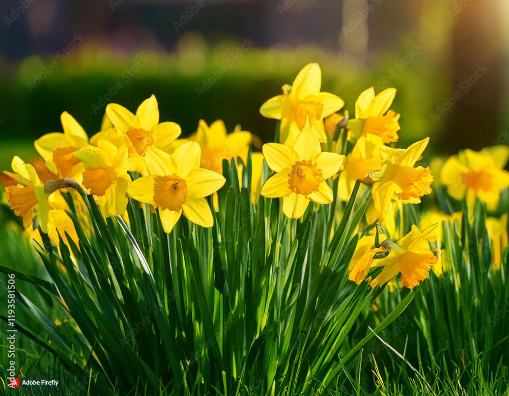 Obraz premium yellow daffodils in spring, daffodils in the garden, Daffodils shining in the sun