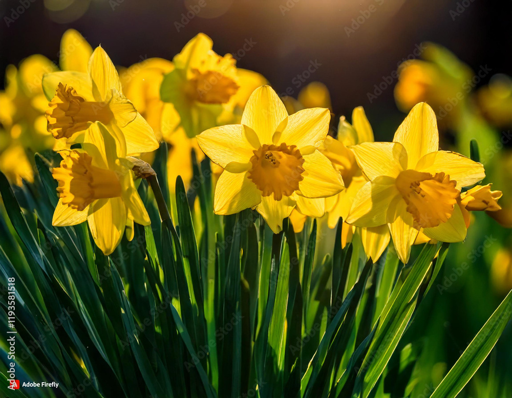 Obraz premium yellow daffodils in spring, daffodils in the garden, Daffodils shining in the sun
