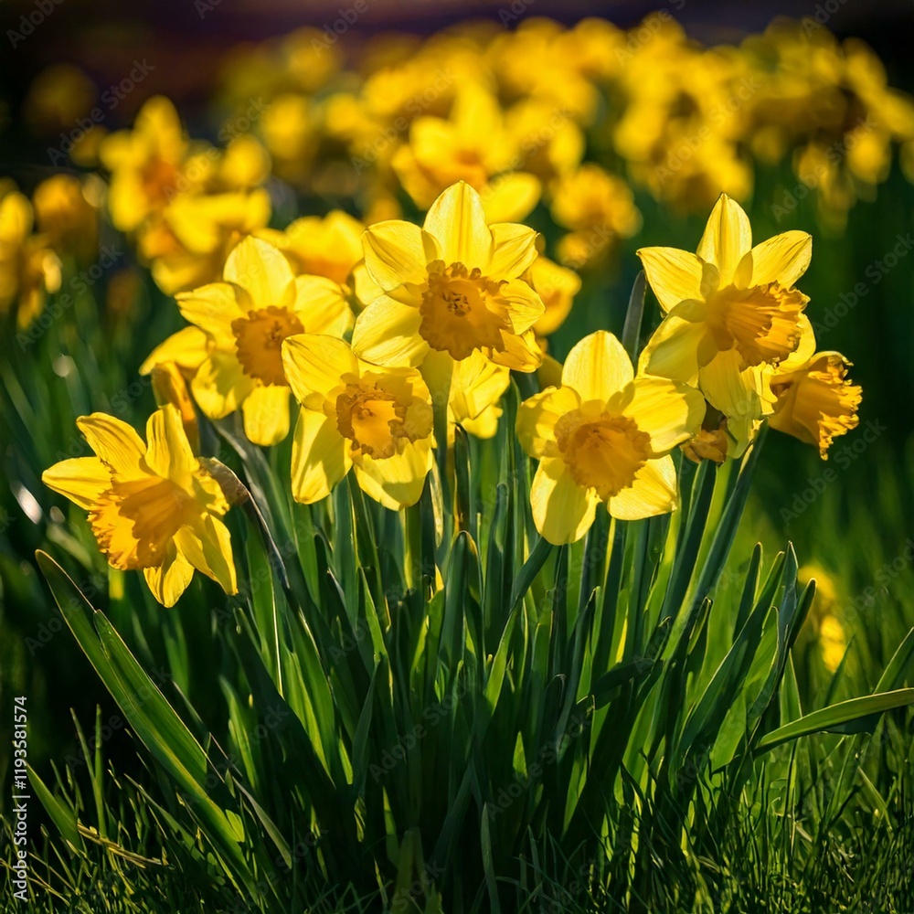 Fototapeta premium yellow daffodils in spring, daffodils in the garden, Daffodils shining in the sun