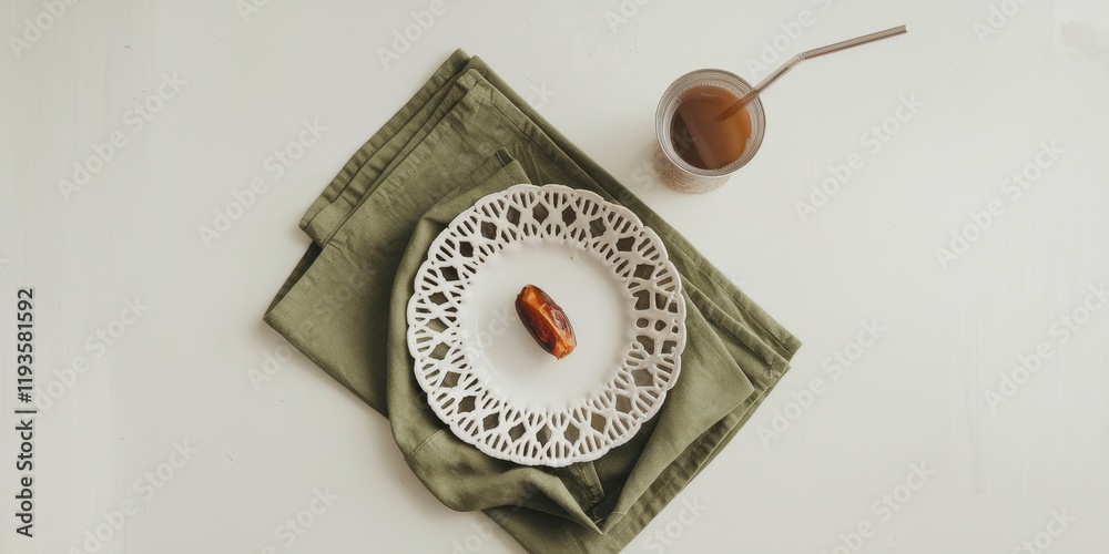 A single date fruit on a plate with drink and napkin A single date fruit on a plate with drink and napkin