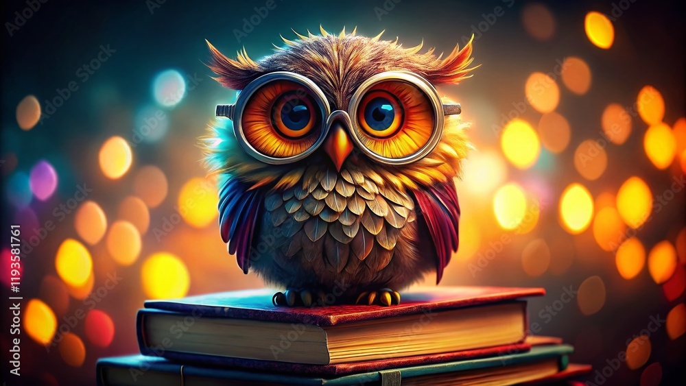 Obraz premium Magical Owl with Glasses on Colorful Books - Whimsical Fantasy Stock Photo