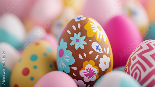 Close-up of colorful Easter eggs with intricate floral patterns, symbolizing spring, creativity, and festive traditions. photo