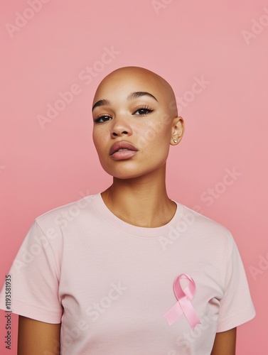 Portrait of a young woman with a pink ribbon for cancer awareness