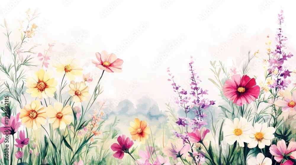 Fototapeta premium Vibrant wildflowers watercolor painting nature scene art composition bright environment serene viewpoint floral concept
